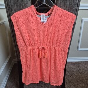 wonder nation Neon Coral Crochet Tie-Waist Swim Coverup And Tank Top Set